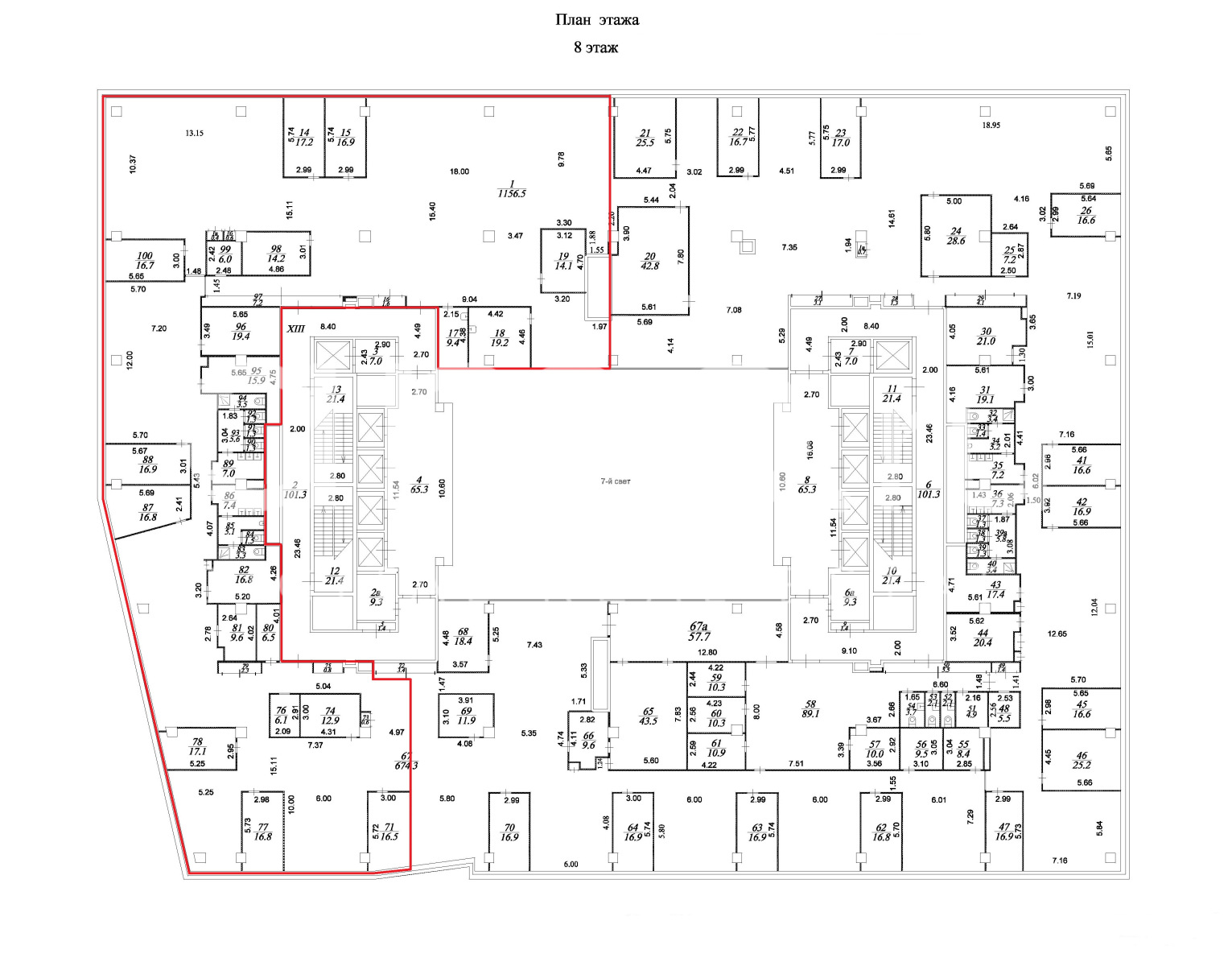 Планировка офиса 1332 м², 8 этаж, БЦ «Метрополис, строение 3»